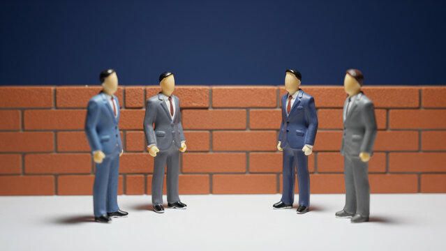 Businessmen Separated by a Brick Wall &ndash; Abstract Concept for Barriers to Negotiations, Misunderstanding, Lack of Common Ground, and Need for Mediation for Business Strategy Content