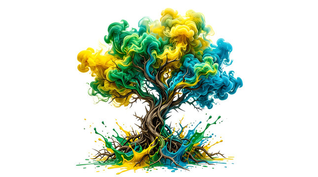 Abstract tree illustration made of colorful ink smoke and paint splashes