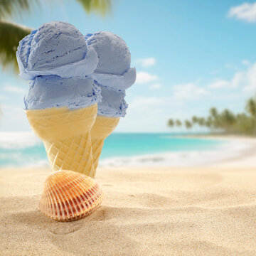 Ice cream cone on sandy beach with sea background &ndash; summer vacation concept