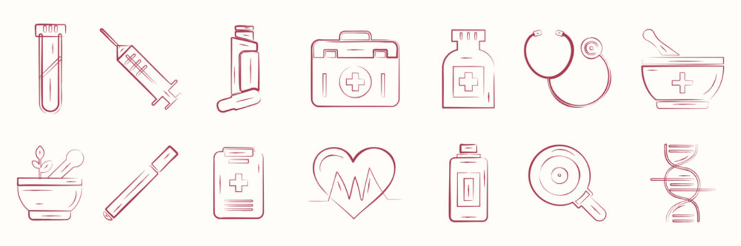 Medical wellness hand drawn line art icon pack health care doodle element set with stethoscope and inhaler