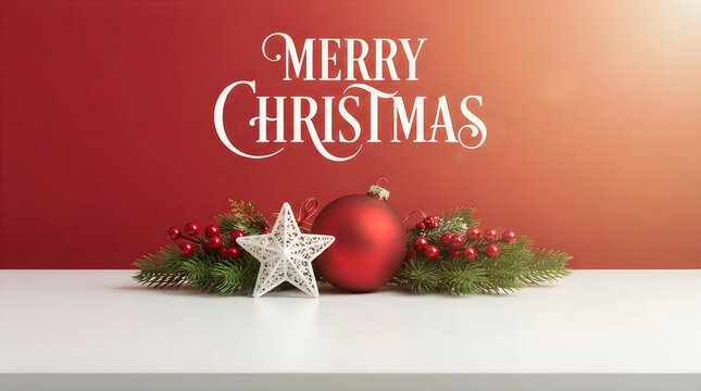 Merry christmas greeting text with a red ornament and a silver star on a festive table