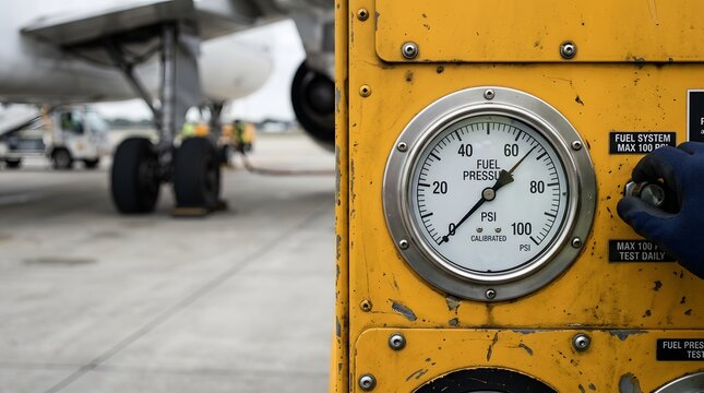Aircraft Fuel Pressure Gauge Meter on Control Panel Refueling Airplane at Airport Apron Close Up