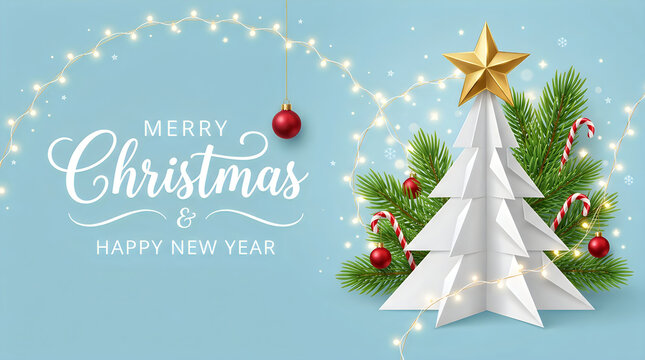 Merry christmas and happy new year greeting card with white paper tree and pine branches