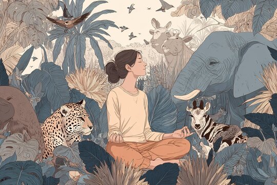 woman meditating among endangered animals