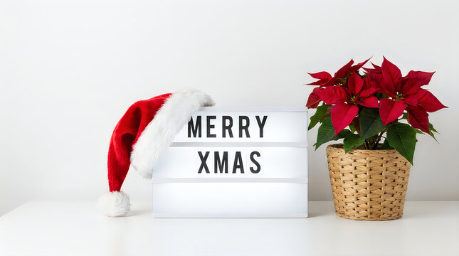 Merry xmas light box sign with a red poinsettia plant in a basket for holiday decoration