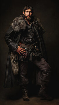 Europe medieval lifestyle. A portrait of a man in a dark, moody setting. He wears a long, dark leather coat with a fur collar, intricately designed with buttons, rivets.
