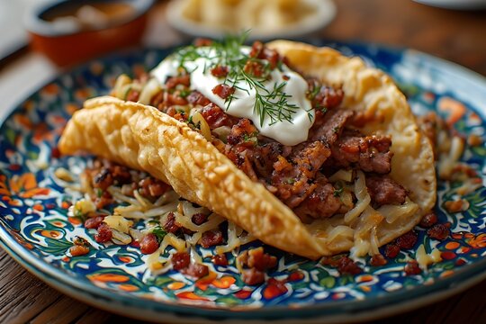 polish mexican fusion kielbasa sausage taco with sauerkraut, onions and sour cream