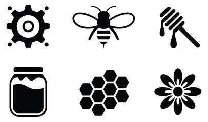 Beekeeping and Honey Production Icons with Bee, Honeycomb, Jar, Dipper, Flower, and Equipment for Agriculture Design © Rakib
