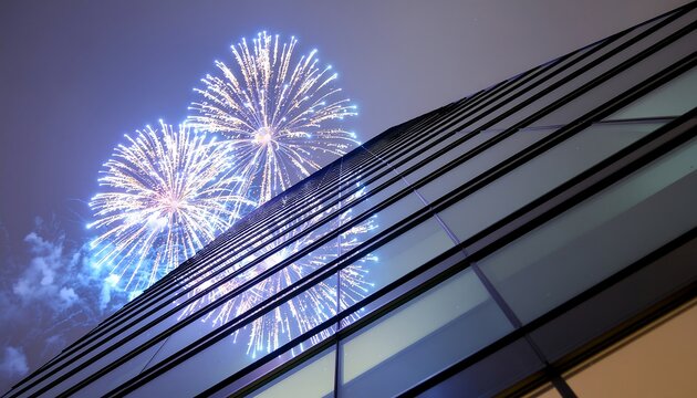 Fireworks exploding near modern building at night.
