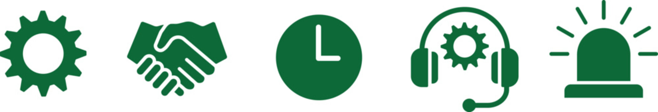 Five green service icons with gear and handshake