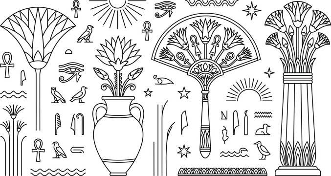 Ancient Egyptian Culture Line Art Vector Set with Lotus Flower Hierarchy Symbols Ankh Icons and Mystical Hieroglyphics Elements for Historical Graphic Designs