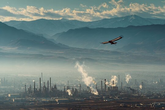 condor gliding above industrial valley