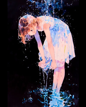 びしょ濡れの女の子、かわいい、イラスト、水彩画、ゲリラ豪雨、