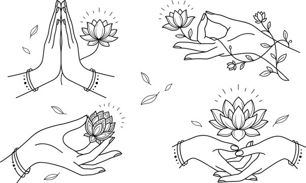 Minimalist Yoga Mudra Lotus Flower Vector Set with Namaste Praying Hands and Mystical Line Art Elements for Wellness Spa Brand Logos