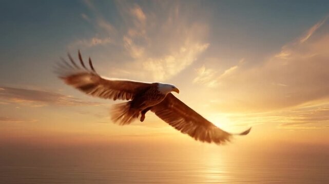 Bald eagle flying over ocean during golden sunset.