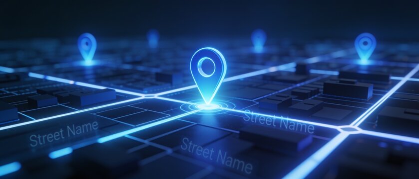 Futuristic digital map with glowing location pin and interconnected network nodes