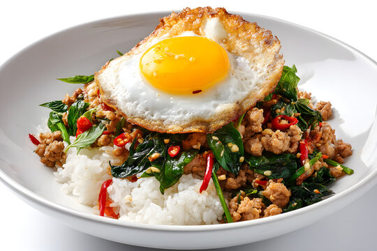 Delicious Pad Krapow Moo Saap with Fried Egg Served on a Full Plate with White Rice and Fresh Ingredients