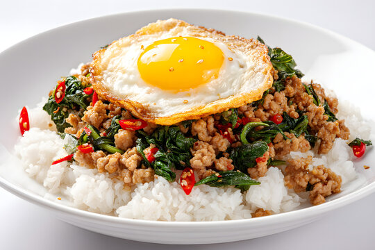 Delicious Regiional Thai Pad Krapow Moo Saap with Fried Egg Over Jasmine Rice on a White Plate