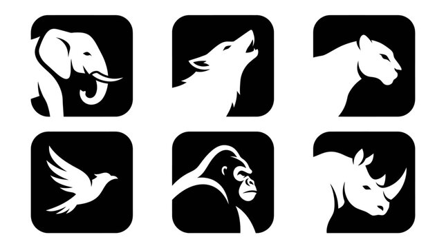 Minimalist wildlife animal head silhouettes in black squares.
