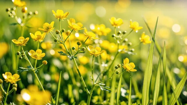 Bright field of yellow buttercup flowers gently swaying in the sunlight creating a serene spring atmosphere