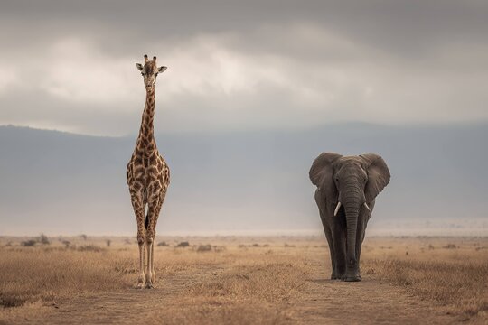 giraffe and elephant walking side by side