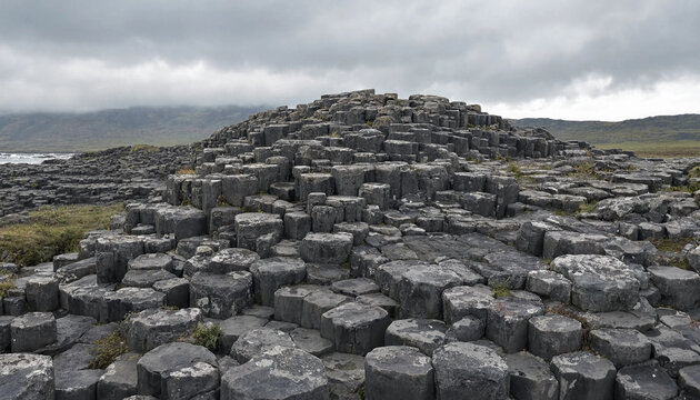 Basalt columns of the giant's causeway in northern ireland, featuring hexagonal volcanic rock formations under a cloudy grey sky landscape