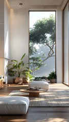 Fototapeta premium Modern living room with large window and plants.