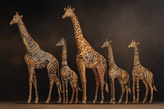 giraffe family painted with tribal symbols