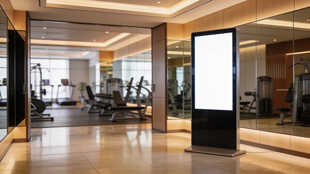 Modern gym lobby with sleek fitness equipment and digital display in contemporary office space