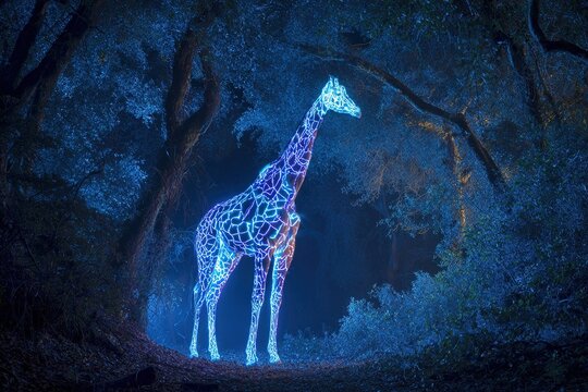 giraffe illuminated by bioluminescent forest