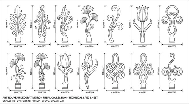 Art Nouveau decorative iron finial collection technical spec sheet