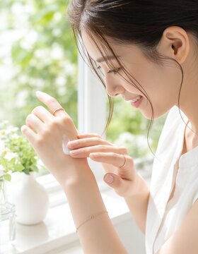 明るい窓辺でハンドクリームを手の甲に塗る若い女性の保湿ケア