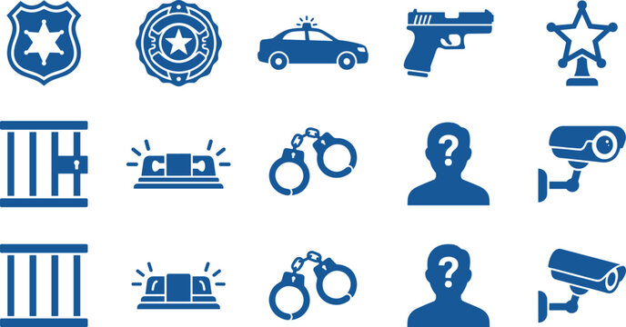 Law enforcement and police security icons set showing car badge handcuffs weapon jail bars and surveillance.