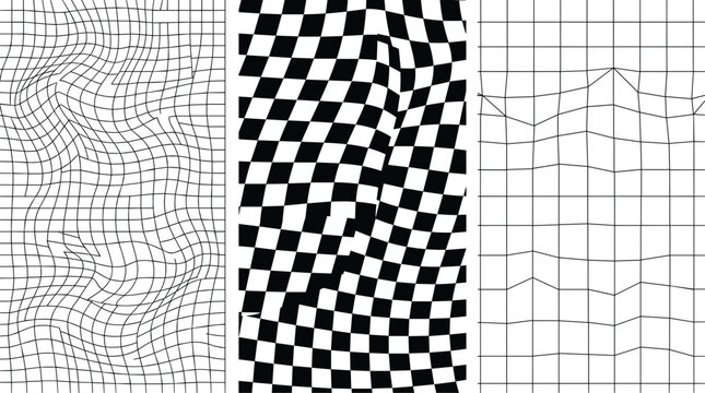 Black and white distorted grids and wavy checkerboard vector patterns collection