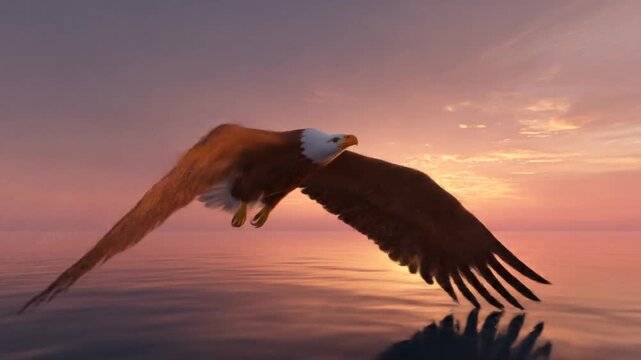 Bald eagle soaring over ocean waves at sunset.