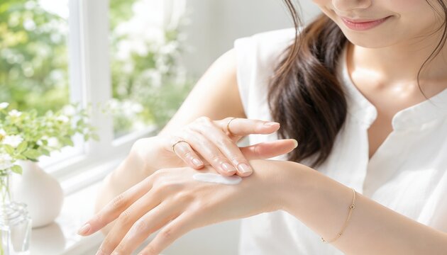 明るい窓辺でハンドクリームを手の甲に塗る若い女性の保湿ケア