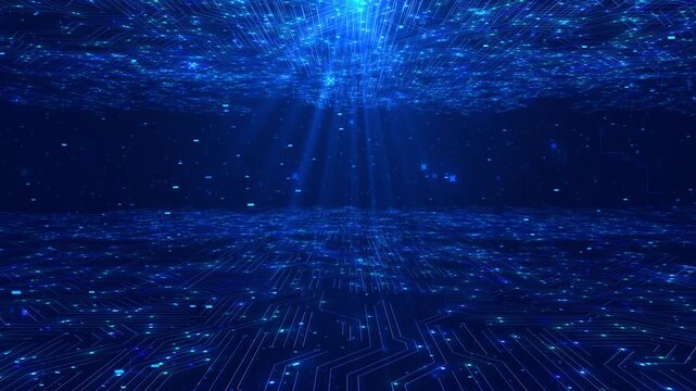 Blue fiber waves flow . Ideal for digital presentations, tech visuals. mesh glowing dots digital luxurious sparkling wave particles Motion of digital data flow. big data Cyber or technology background