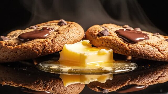 Chocolate chip cookies with melting butter and chocolate on a black reflective surface showing a decadent dessert