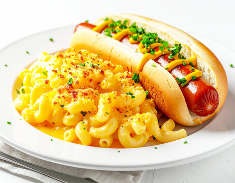 Mac and cheese served with a hotdog, white plate. AI