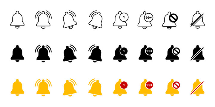 Notification bell icon set. Alert symbol icons in outline, solid, and colored styles. Ideal for apps, websites, and user interfaces. Visual cues for notifications or alerts