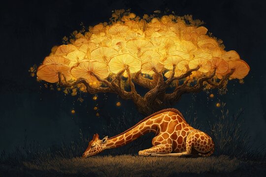 giraffe sleeping under glowing mushroom tree