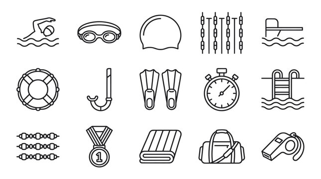 Swimming pool equipment and competitive sport line icons.