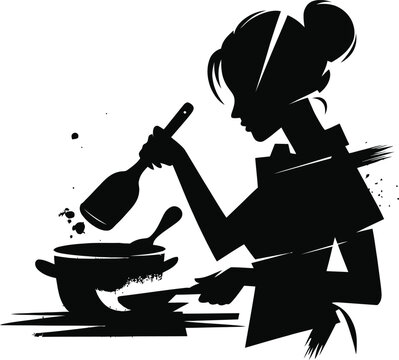 Silhouette of a woman pouring from a bottle into a bowl on a table with a white clean background in a minimalist kitchen setting with modern utensils and cookware