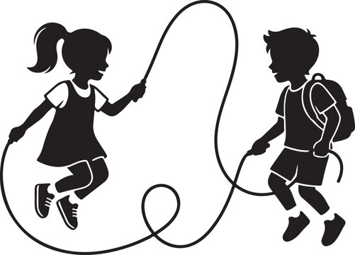 Skipping Rope Activity Between Young Playmates Silhouette Vector