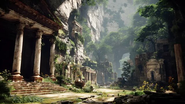 Lost ancient civilization archeology fantasy. A detailed digital artwork depicts an ancient temple complex nestled in a lush, mountainous landscape.