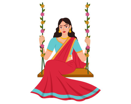 woman sitting on a swing celebrating the sawan festival of hariyali teej illustration