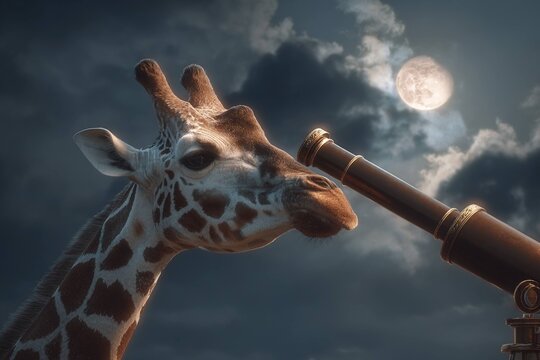 giraffe with telescope looking at moon