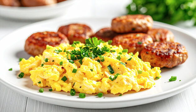Scrambled egg, sausage patties, white plate, closeup. AI