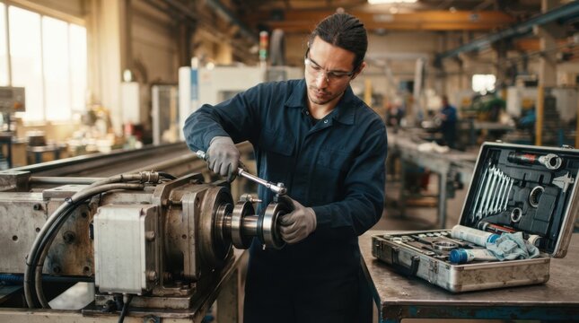 Maintenance mechanic fits bearing parts onto a robotic conveyor drive with seals, grease fittings, and tools in an automated plant.