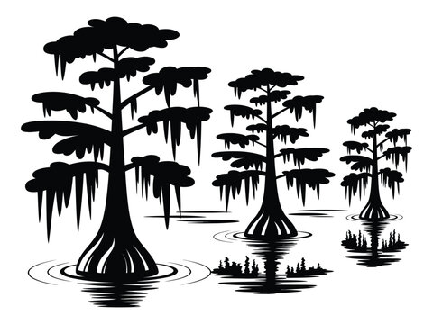 Cypress tree silhouette, swamp water reflection, marsh grass landscape, wetland ecology nature scene, black vector illustration